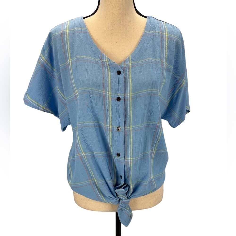 Style & Co Short Sleeve V Neck Button Up Tie Front Blouse - Blue - size Small